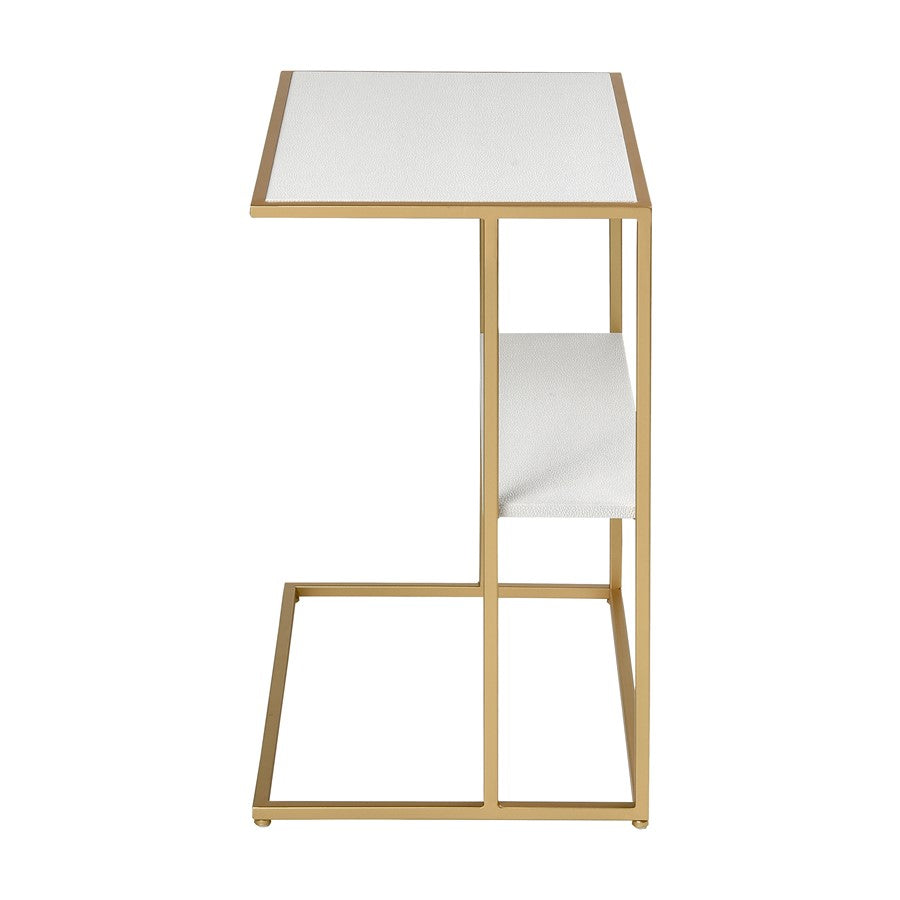 Atlas Lighting Fawley 20in Accent Table | Glam Gold Metal and White Faux Leather | Living Room & Bedroom Side Table | Model TA11075-01