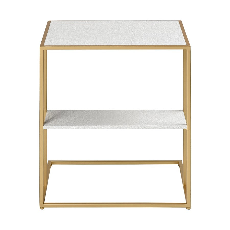 Atlas Lighting Fawley 20in Accent Table | Glam Gold Metal and White Faux Leather | Living Room & Bedroom Side Table | Model TA11075-01