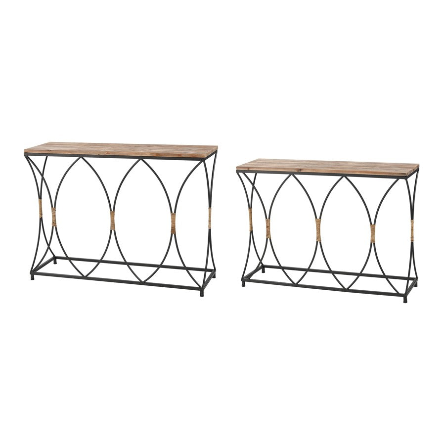 Atlas Lighting Fisher Island Console Table Set of 2 | Natural Wood and Black Metal with Rattan | Living Room & Entryway Console | Model TA11076-01S