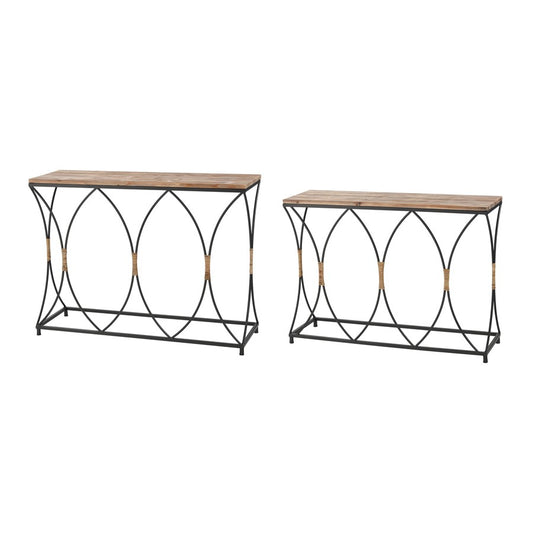 Atlas Lighting Fisher Island Console Table Set of 2 | Natural Wood and Black Metal with Rattan | Living Room & Entryway Console | Model TA11076-01S