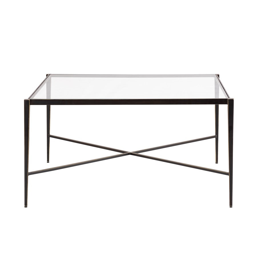 Atlas Lighting Leon 34in Square Coffee Table | Dark Bronze Metal & Clear Glass Top | Transitional Living Room | 34 x 34 x 18 in | Model TA11115-01