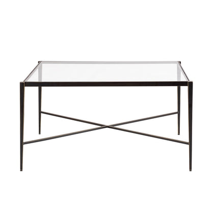 Atlas Lighting Leon 34in Square Coffee Table | Dark Bronze Metal & Clear Glass Top | Transitional Living Room | 34 x 34 x 18 in | Model TA11115-01