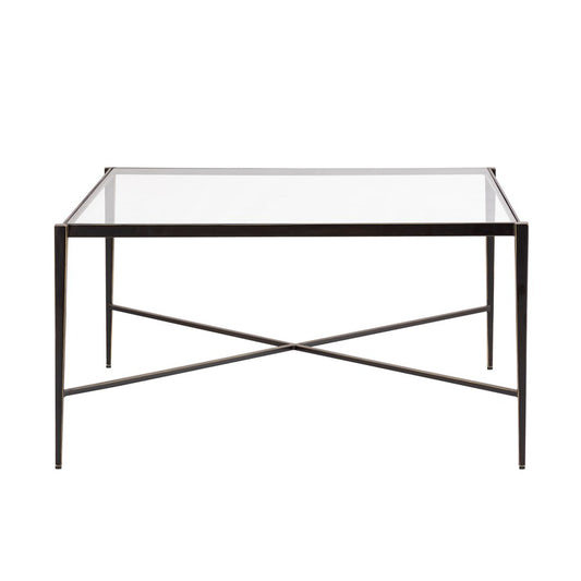 Atlas Lighting Leon 34in Square Coffee Table | Dark Bronze Metal & Clear Glass Top | Transitional Living Room | 34 x 34 x 18 in | Model TA11115-01
