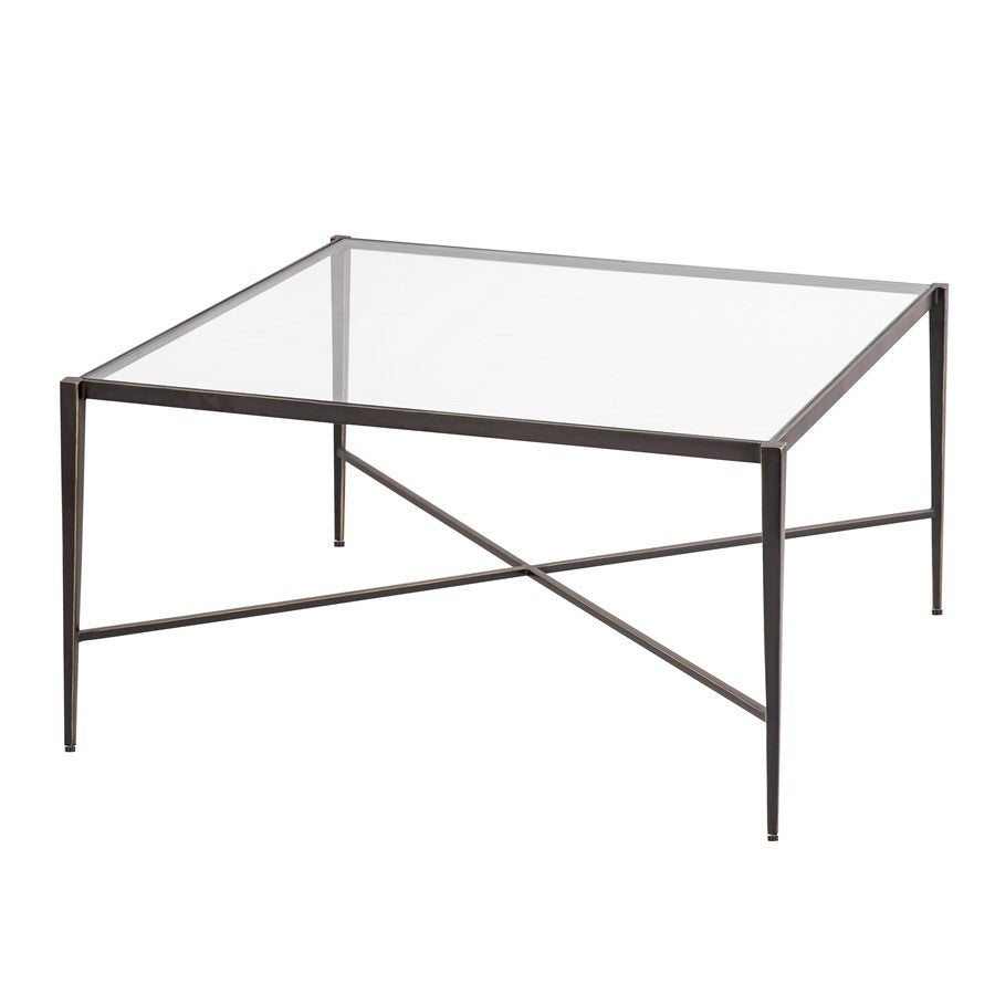 Atlas Lighting Leon 34in Square Coffee Table | Dark Bronze Metal & Clear Glass Top | Transitional Living Room | 34 x 34 x 18 in | Model TA11115-01