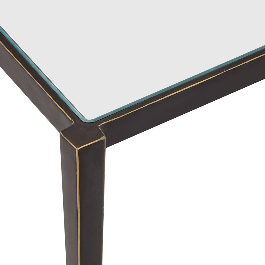 Atlas Lighting Leon 34in Square Coffee Table | Dark Bronze Metal & Clear Glass Top | Transitional Living Room | 34 x 34 x 18 in | Model TA11115-01