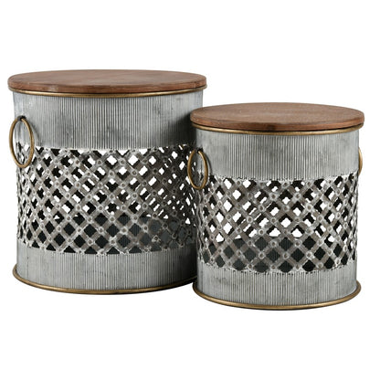 Atlas Lighting Parla Set of 2 Accent Tables | Galvanized Metal & Wood | Living Room & Bedroom Side Tables | 18 x 18 x 18 in | Model TA11138-01S