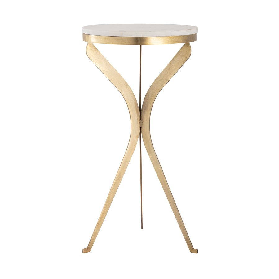 Atlas Lighting Rowe 12in Round Accent Table | Transitional Aged Brass Metal & White Stone | Living Room & Bedroom Side Table | Model TA11164-01
