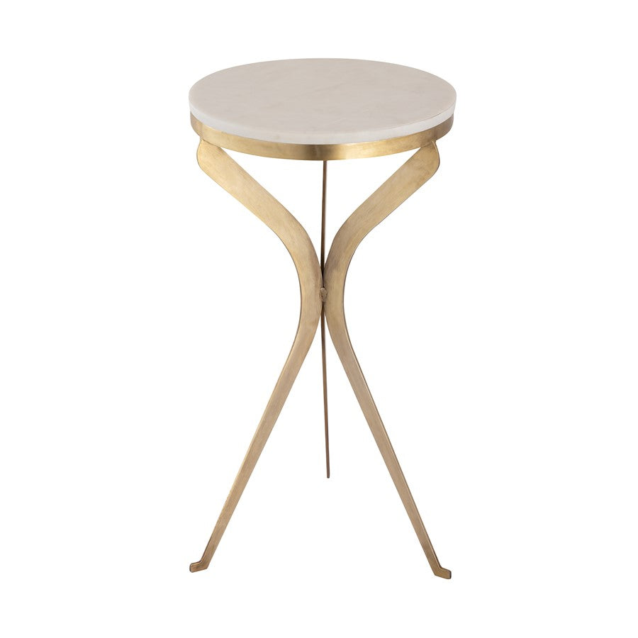 Atlas Lighting Rowe 12in Round Accent Table | Transitional Aged Brass Metal & White Stone | Living Room & Bedroom Side Table | Model TA11164-01