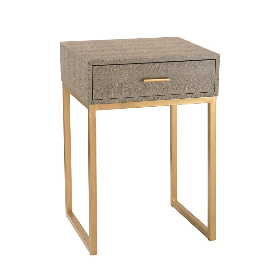 Atlas Lighting Shagreen 16in Square Accent Table | Gray Faux Shagreen and Gold Metal | Bedroom & Living Room Side Table | Model TA11179-01
