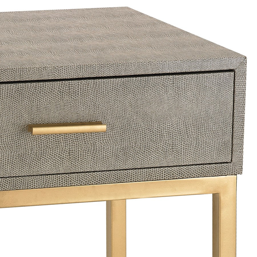Atlas Lighting Shagreen 16in Square Accent Table | Gray Faux Shagreen and Gold Metal | Bedroom & Living Room Side Table | Model TA11179-01