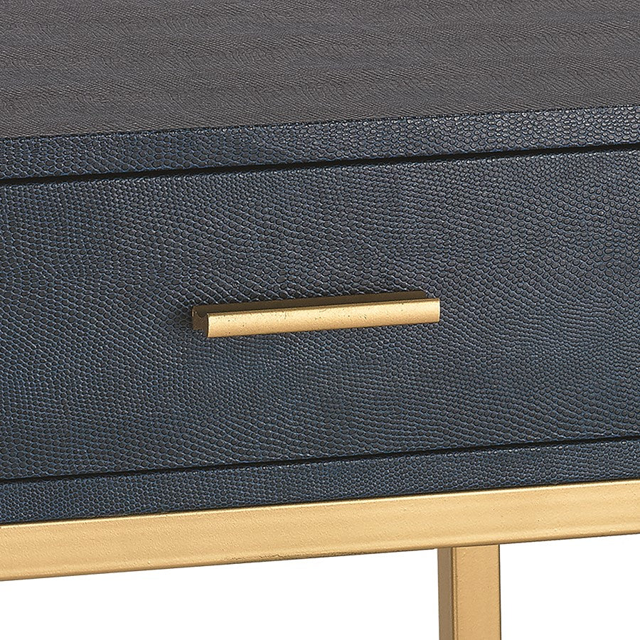 Atlas Lighting Shagreen 16in Square Accent Table | Navy Faux Shagreen and Gold Metal | Bedroom & Living Room Side Table | Model TA11179-02