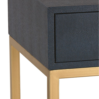 Atlas Lighting Shagreen 16in Square Accent Table | Navy Faux Shagreen and Gold Metal | Bedroom & Living Room Side Table | Model TA11179-02