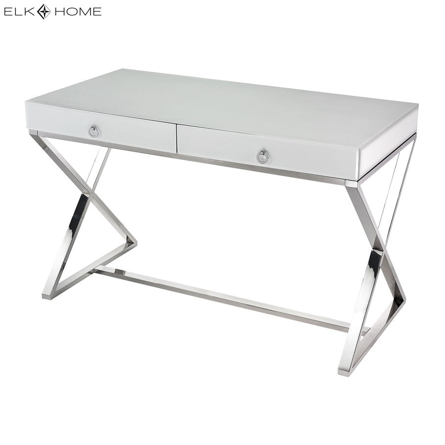 Atlas Lighting Super White 48in Desk | Chrome Metal & White Glass Modern | Home Office & Study Writing Desk | 48 x 25 x 30 in | Model TA11189-01