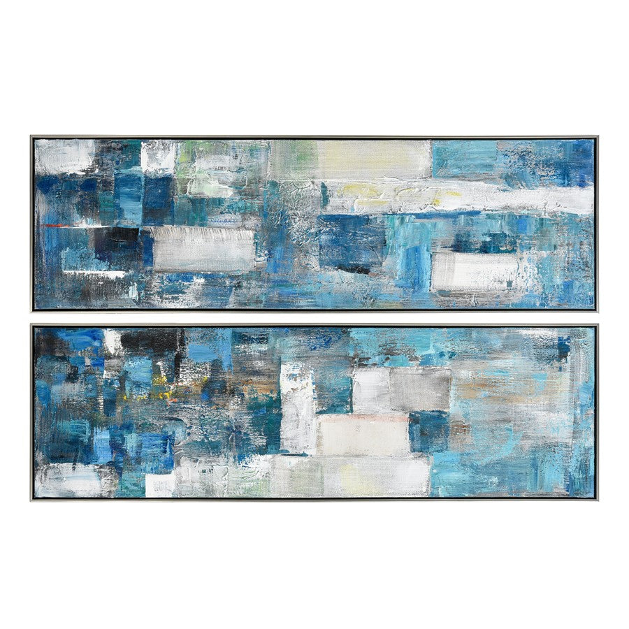 Atlas Lighting Blue Apparent Wall Art Set of 2 | Blue & White Fabric, Silver Floating Frame | Modern Living Room & Office Accent | Model WA11012-01S
