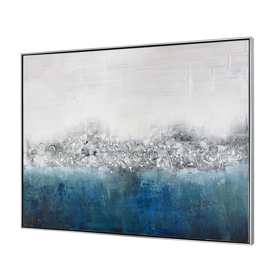 Atlas Lighting Boundless 48in Wide Framed Wall Art | Modern Contemporary Blue and White Fabric with Silver Floating Frame | Living | Model WA11023-01