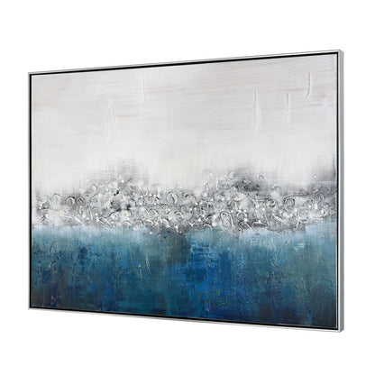 Atlas Lighting Boundless 48in Wide Framed Wall Art | Modern Contemporary Blue and White Fabric with Silver Floating Frame | Living | Model WA11023-01