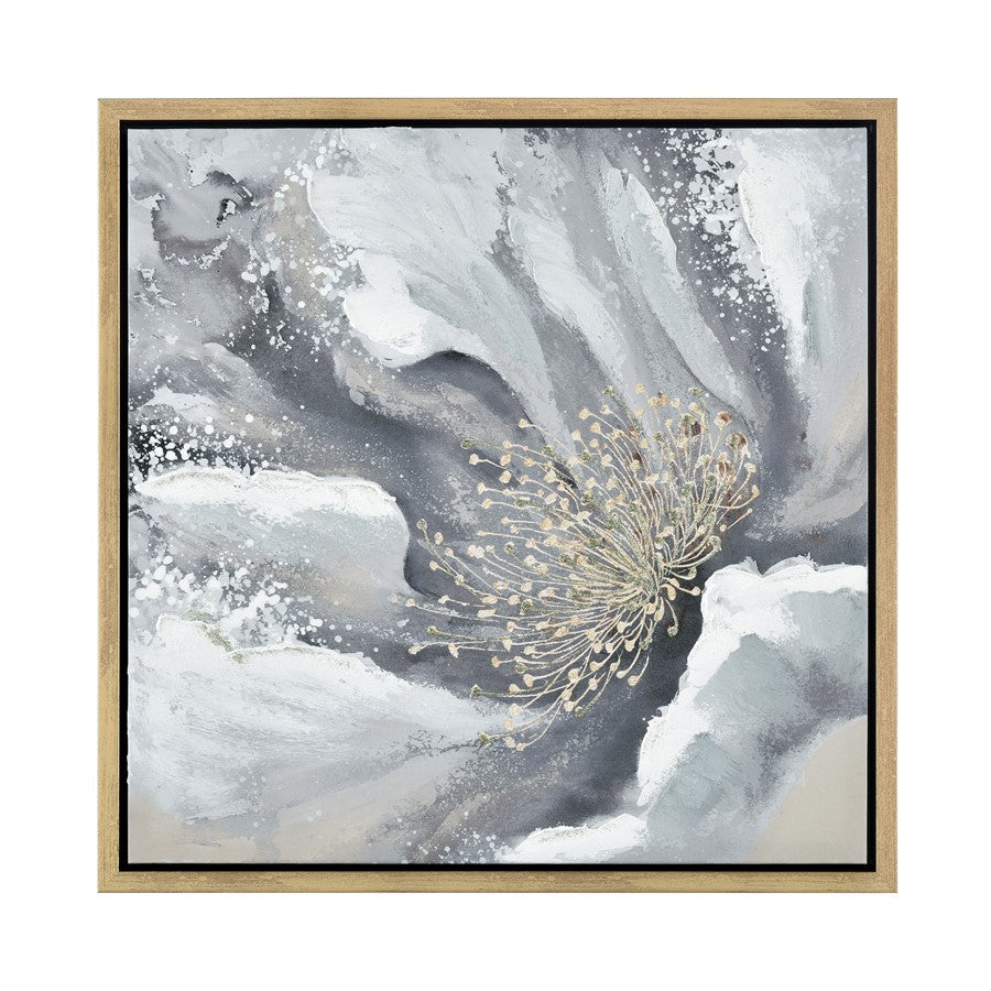 Atlas Lighting Bowie Bloom I 23.5in Square Framed Wall Art | Transitional Gray and White Fabric with Gold Frame | Living Room | Model WA11024-01