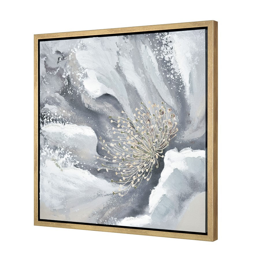Atlas Lighting Bowie Bloom I 23.5in Square Framed Wall Art | Transitional Gray and White Fabric with Gold Frame | Living Room | Model WA11024-01