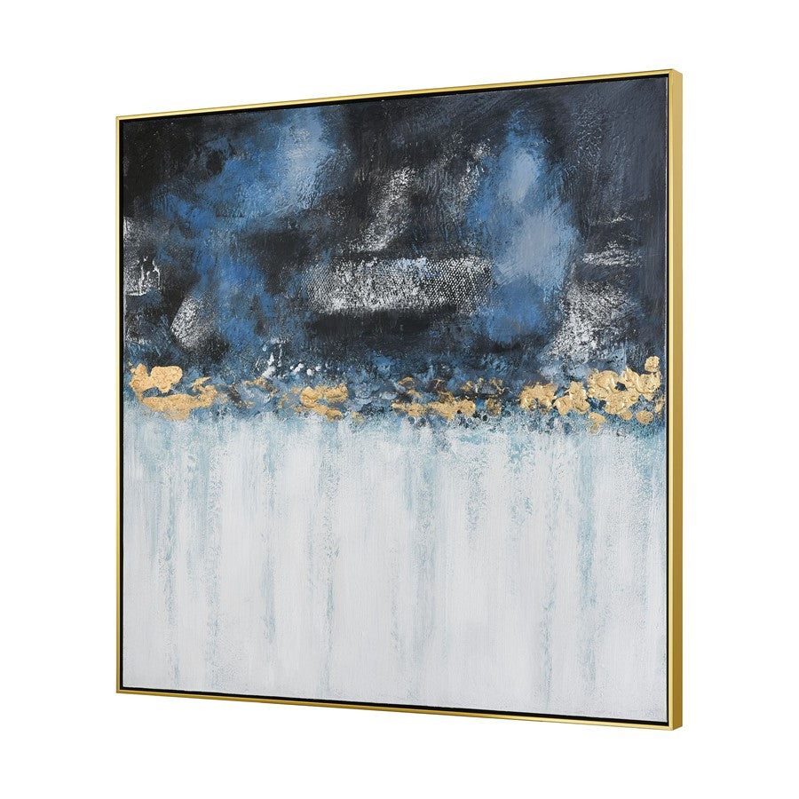 Atlas Living Blues 40in Framed Wall Art | Abstract Blue Charcoal Gold Leaf Canvas | Living Room & Bedroom Decor | 40 x 2 x 40 in | Model WA11083-01