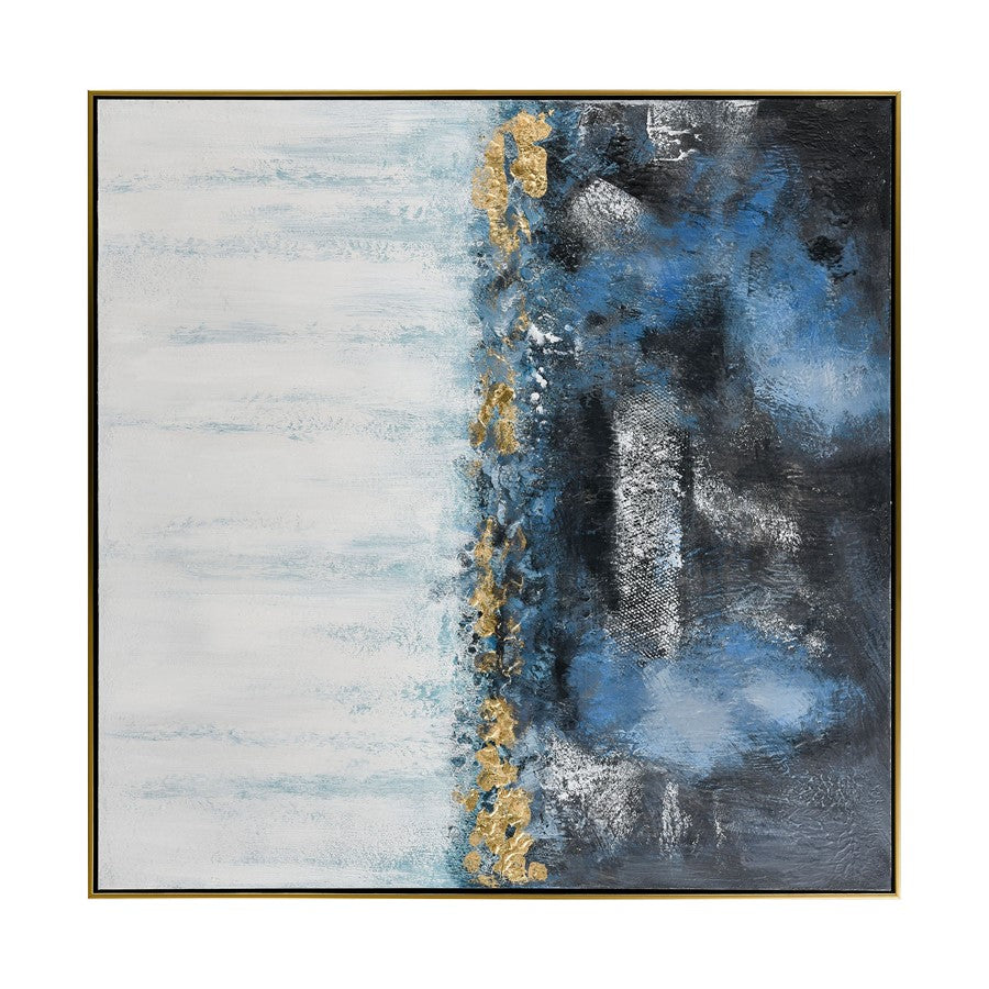 Atlas Living Blues 40in Framed Wall Art | Abstract Blue Charcoal Gold Leaf Canvas | Living Room & Bedroom Decor | 40 x 2 x 40 in | Model WA11083-01