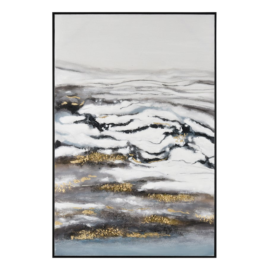 Atlas Lighting Tumult 31.5in W x 47.25in H Framed Wall Art | Modern Coastal Abstract Waterscape in Off White and Gold | Living | Model WA11161-01