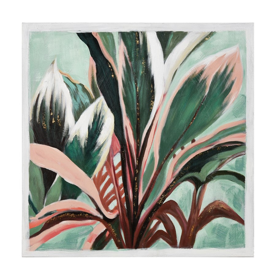 Atlas Lighting Variegate 32.5in W x 32.5in H Framed Wall Art | Transitional Botanical Green and Coral Leaves | Living Room | Model WA11168-01