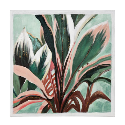 Atlas Lighting Variegate 32.5in W x 32.5in H Framed Wall Art | Transitional Botanical Green and Coral Leaves | Living Room | Model WA11168-01