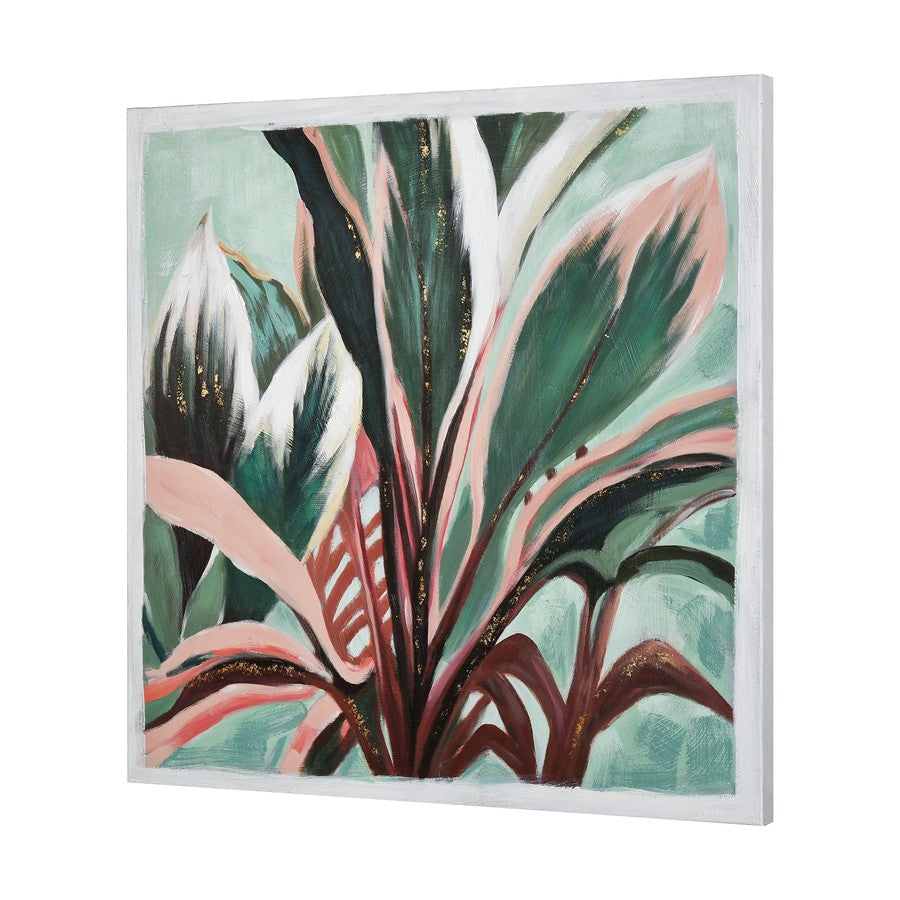 Atlas Lighting Variegate 32.5in W x 32.5in H Framed Wall Art | Transitional Botanical Green and Coral Leaves | Living Room | Model WA11168-01