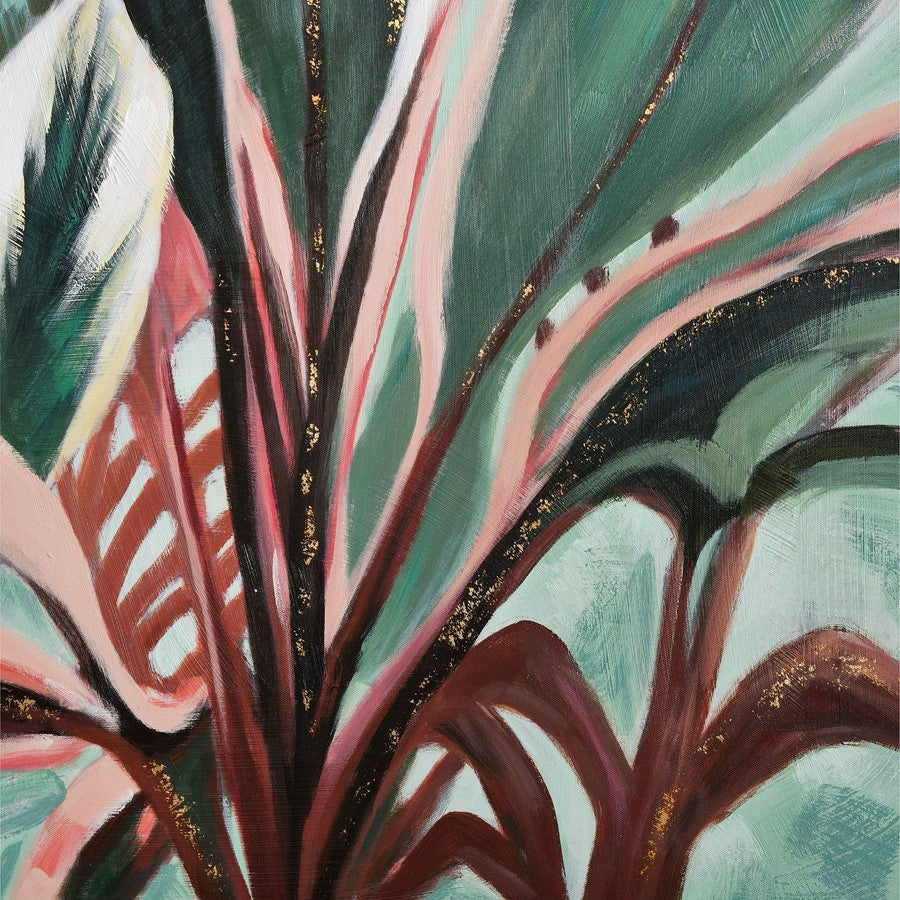 Atlas Lighting Variegate 32.5in W x 32.5in H Framed Wall Art | Transitional Botanical Green and Coral Leaves | Living Room | Model WA11168-01