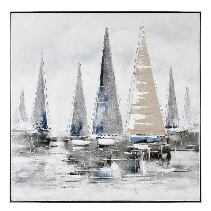 Atlas Lighting Weekend on the Lake 40in Square Framed Wall Art | White & Silver Coastal Sailboat Scene | Living Room & Bedroom | Model WA11179-01