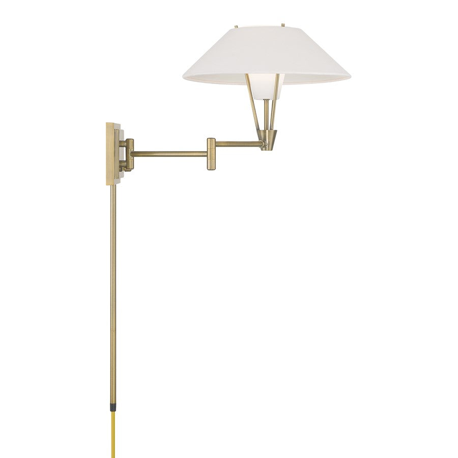 Atlas Lighting Cody 14in 1-Light Swing Arm Sconce | Traditional Antique Brass and White Fabric | Bedroom & Office | Model WL11005-BS