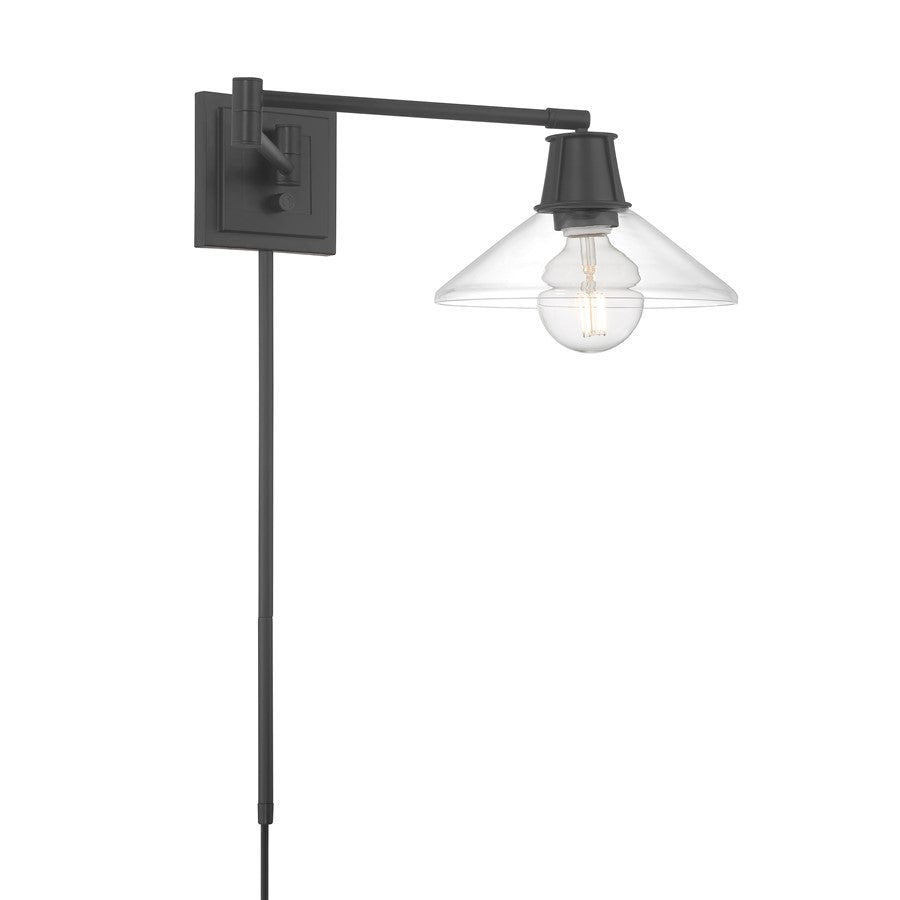 Atlas Lighting Dillon 26in 1-Light Swing Arm Sconce | Traditional Matte Black and Clear Glass | Bedroom & Reading Nook | Model WL11006-BK