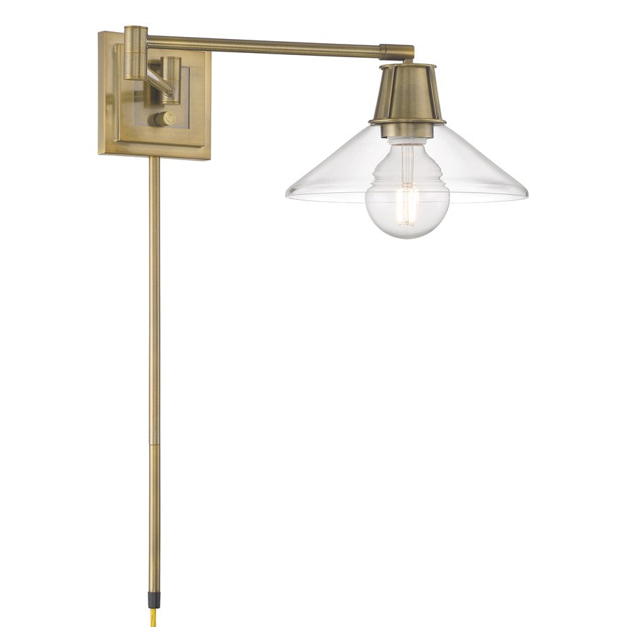 Atlas Lighting Dillon 26in 1-Light Swing Arm Sconce | Traditional Antique Brass and Clear Glass | Bedroom & Reading Nook | Model WL11006-BS