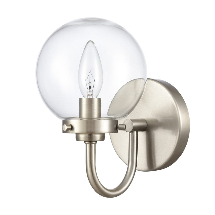 Atlas Lighting Fairbanks 1-Light Wall Sconce | Midcentury Brushed Nickel and Clear Glass | Bedroom & Hallway Accent Light | Model WL11072-NK1