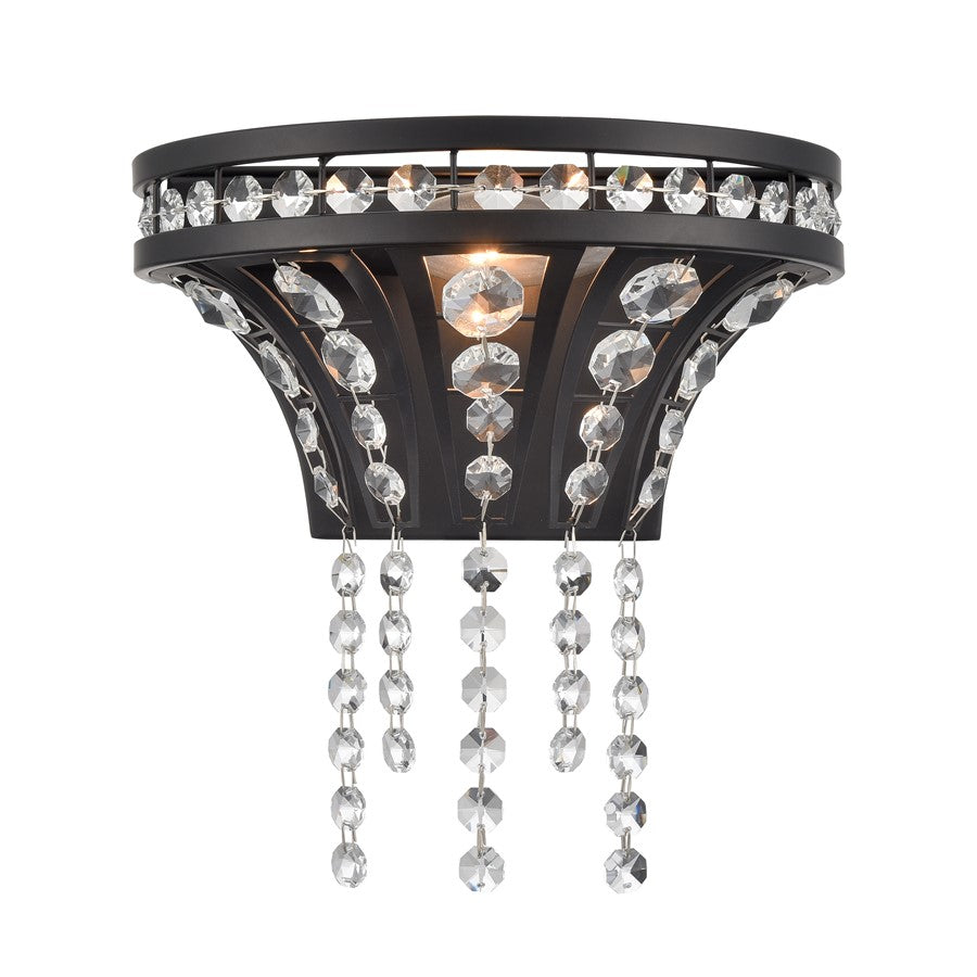 Atlas Lighting Fantania 9in 1-Light Wall Sconce | Traditional Matte Black and Clear Crystal | Bedroom & Hallway | 9 x 5.5 x 9 in | Model WL11073-BK