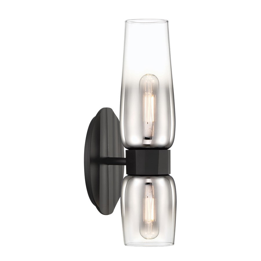 Atlas Lighting Flame 14in 2-Light Wall Sconce | Modern Matte Black and Clear Glass | Bedroom & Hallway Accent Light | 5 x 5 x 14 in | Model WL11076-BK