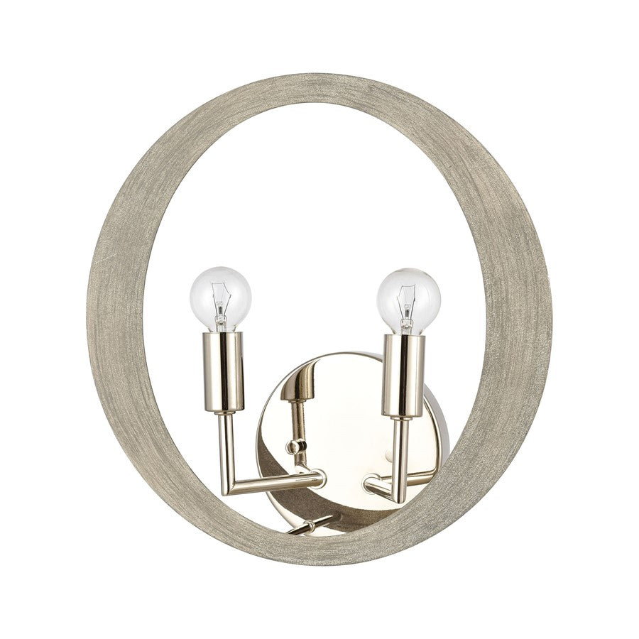 Atlas Lighting Retro Rings 12in 2-Light Wall Sconce | Modern Polished Nickel and Sandy Beechwood | Living Room & Hallway Accent | Model WL11134-NK