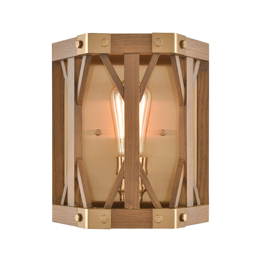 Atlas Lighting Structure 10in 1-Light Wall Sconce | Traditional Satin Brass and Medium Oak | Bedroom & Living Room Accent Light | Model WL11152-BS
