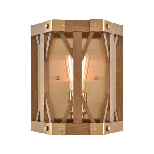 Atlas Lighting Structure 10in 1-Light Wall Sconce | Traditional Satin Brass and Medium Oak | Bedroom & Living Room Accent Light | Model WL11152-BS