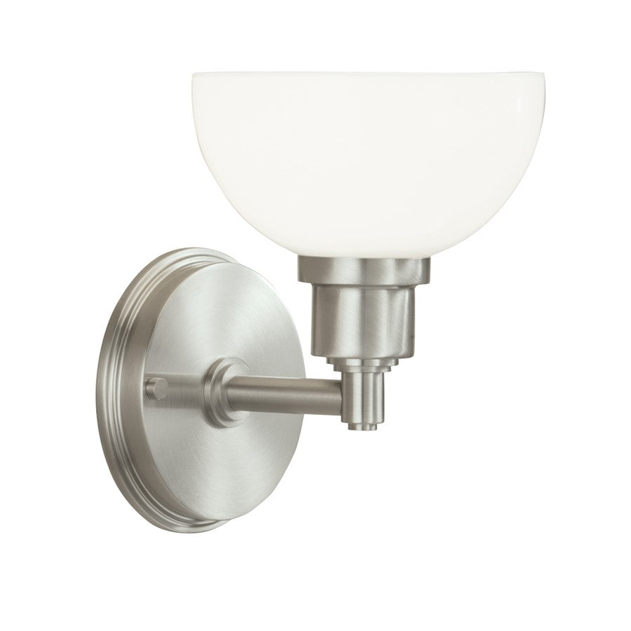 Atlas Lighting Whitman 8in 1-Light Wall Sconce | Transitional Brushed Nickel and White Glass | Bathroom & Hallway Accent Light | Model WL11170-NK1