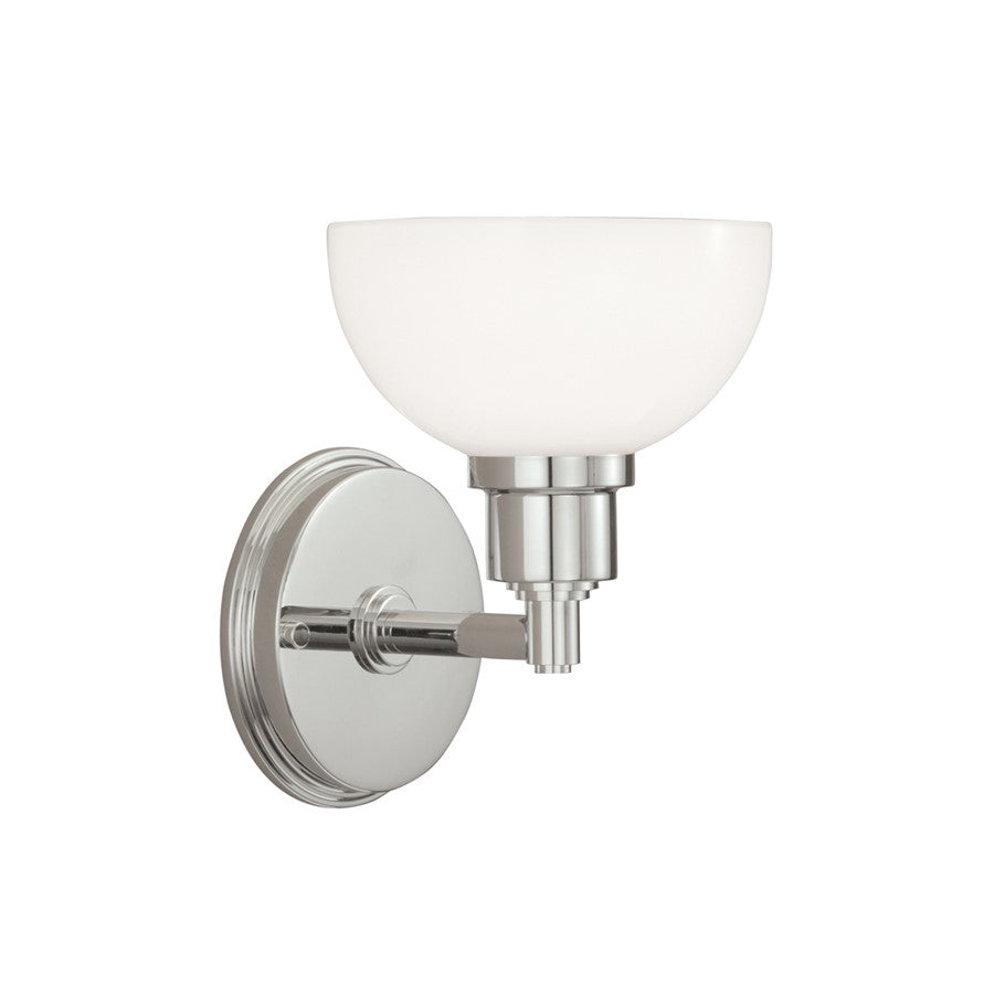 Atlas Lighting Whitman 8in 1-Light Wall Sconce | Transitional Polished Nickel and White Glass | Bathroom & Hallway Accent Light | Model WL11170-NK2