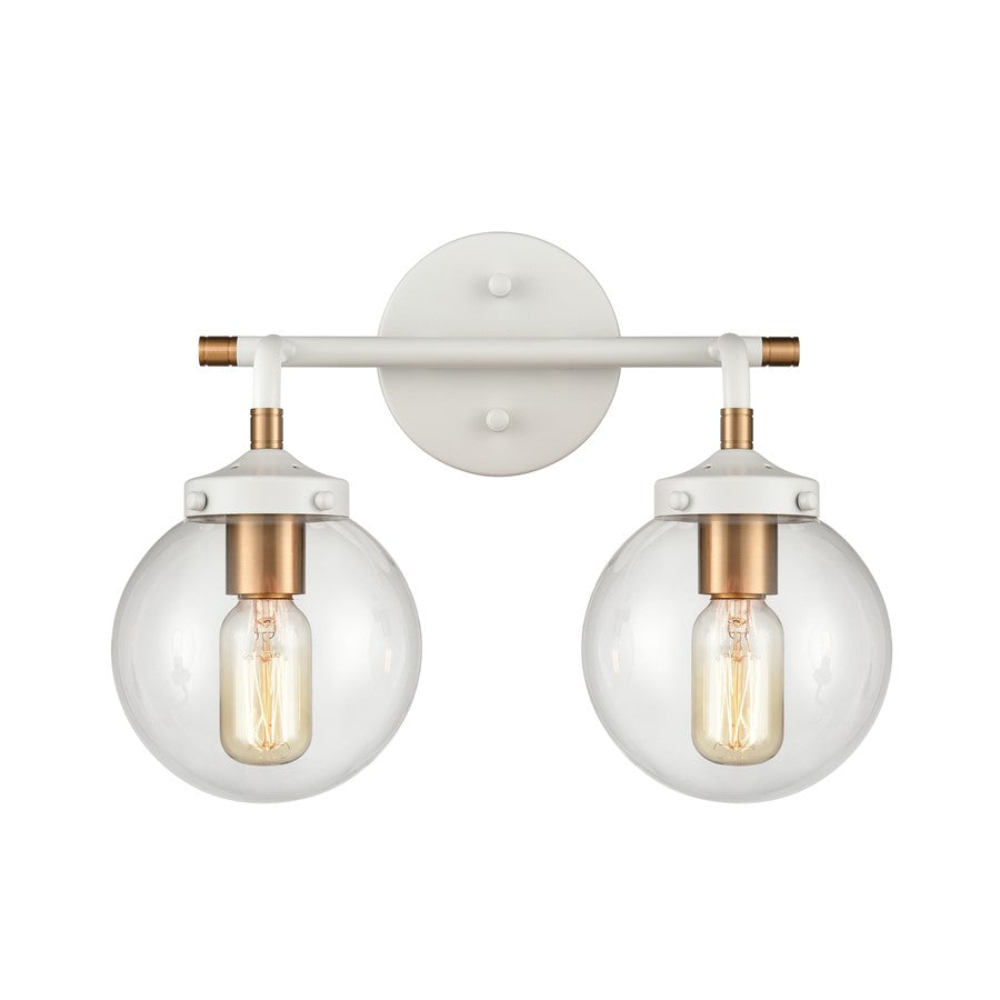 Atlas Lighting Boudreaux 15in 2-Light Vanity Light | Mid-Century Matte White and Satin Brass with Clear Glass | Bathroom Vanity | Model WL11218-WH