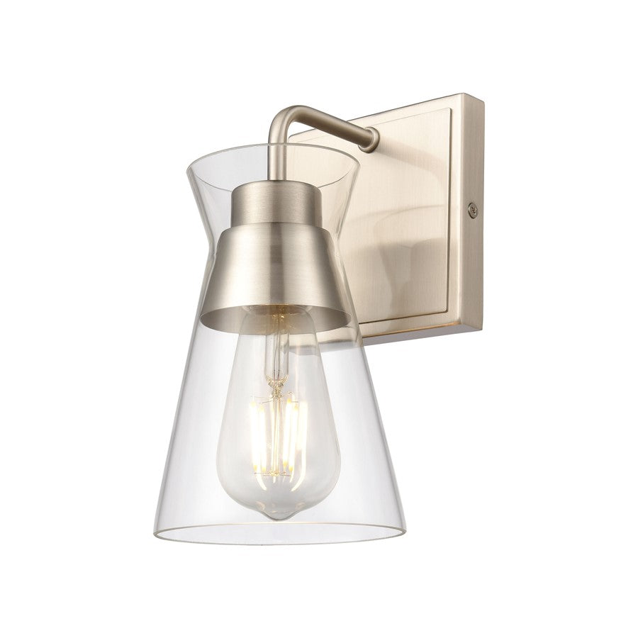 Atlas Lighting Brookville 9in 1-Light Wall Sconce | Transitional Satin Nickel and Clear Glass | Bathroom Vanity & Hallway | Model WL11233-NK