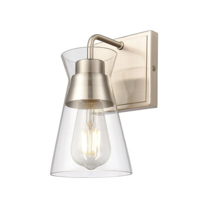 Atlas Lighting Brookville 9in 1-Light Wall Sconce | Transitional Satin Nickel and Clear Glass | Bathroom Vanity & Hallway | Model WL11233-NK