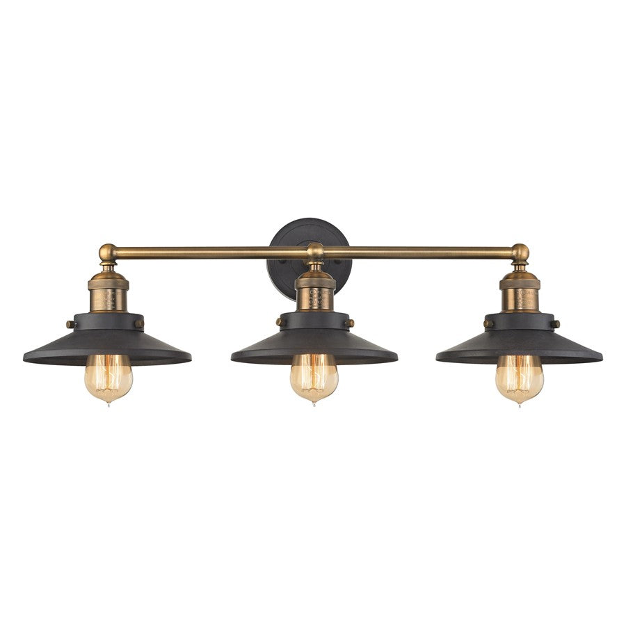 Atlas Lighting English Pub 28in 3-Light Vanity Light | Transitional Graphite and Antique Brass with Black Metal Shades | Bathroom | Model WL11296-BK