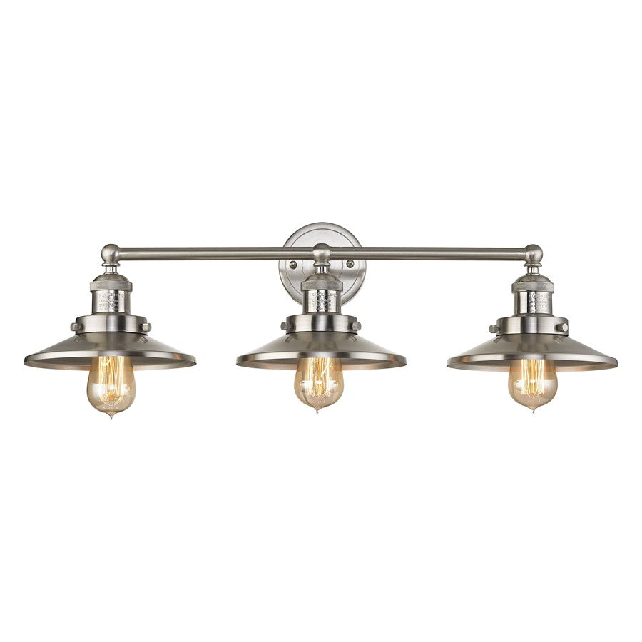 Atlas Lighting English Pub 28in 3-Light Vanity Light | Transitional Brushed Nickel and Nickel Metal Shades | Bathroom Vanity | Model WL11296-NK1