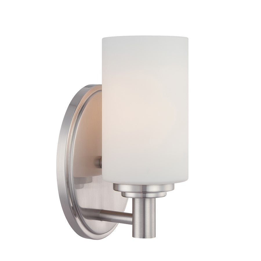Atlas Lighting Pittman 9in 1-Light Wall Sconce | Transitional Brushed Nickel and White Frosted Glass | Bathroom & Hallway Accent | Model WL11411-NK