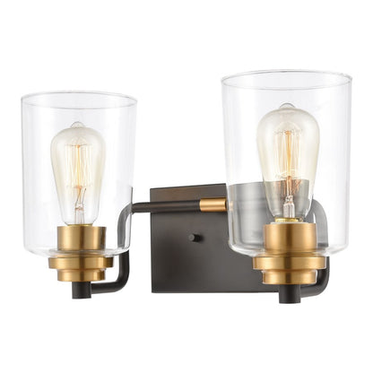 Atlas Lighting Robins 14in 2-Light Vanity Light | Transitional Matte Black and Brushed Brass with Clear Glass | Bathroom Vanity | Model WL11428-BK