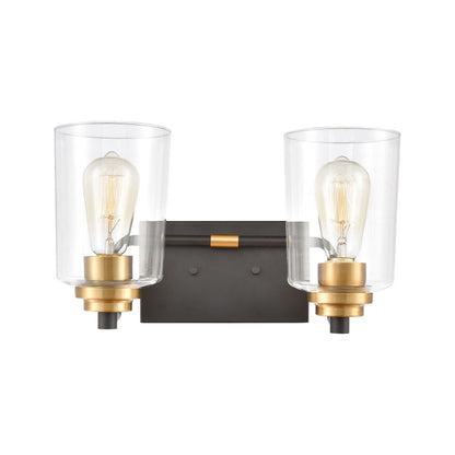 Atlas Lighting Robins 14in 2-Light Vanity Light | Transitional Matte Black and Brushed Brass with Clear Glass | Bathroom Vanity | Model WL11428-BK