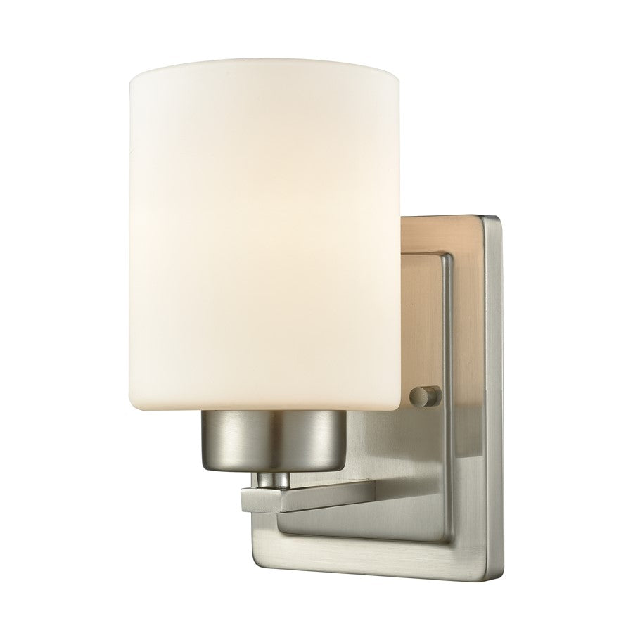 Atlas Lighting Summit Place 9in 1-Light Wall Sconce | Transitional Brushed Nickel and White Frosted Glass | Bathroom & Hallway | Model WL11454-NK